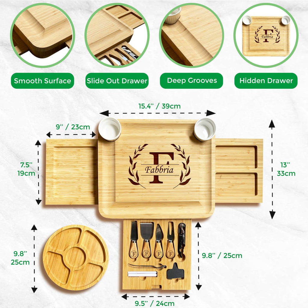 Personalized 3-Drawer Bamboo Charcuterie Board with Tray & Utensils Set