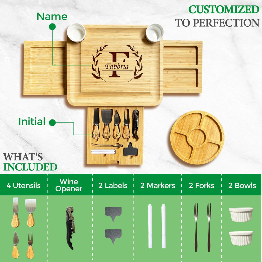Personalized 3-Drawer Bamboo Charcuterie Board with Tray & Utensils Set