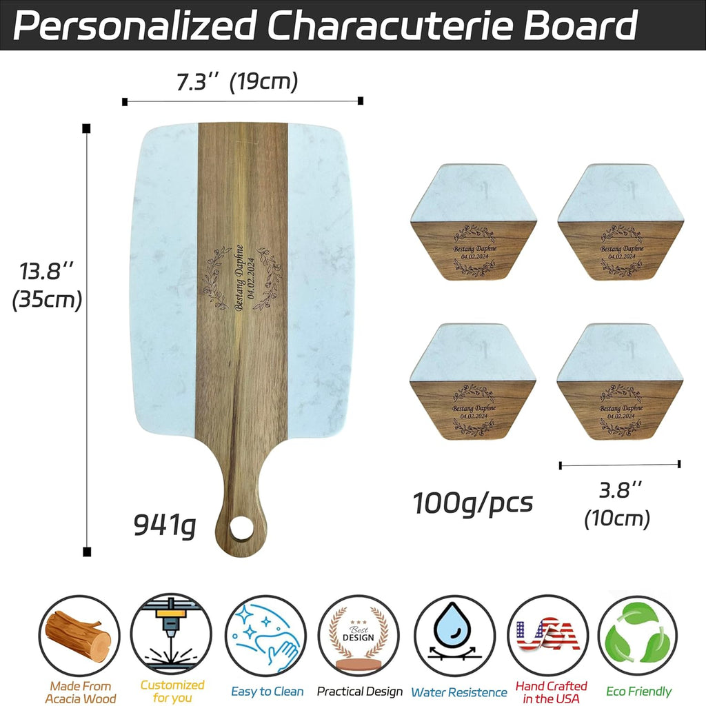 Personalized Marble and Wood Cutting Board with 4 Coasters Set