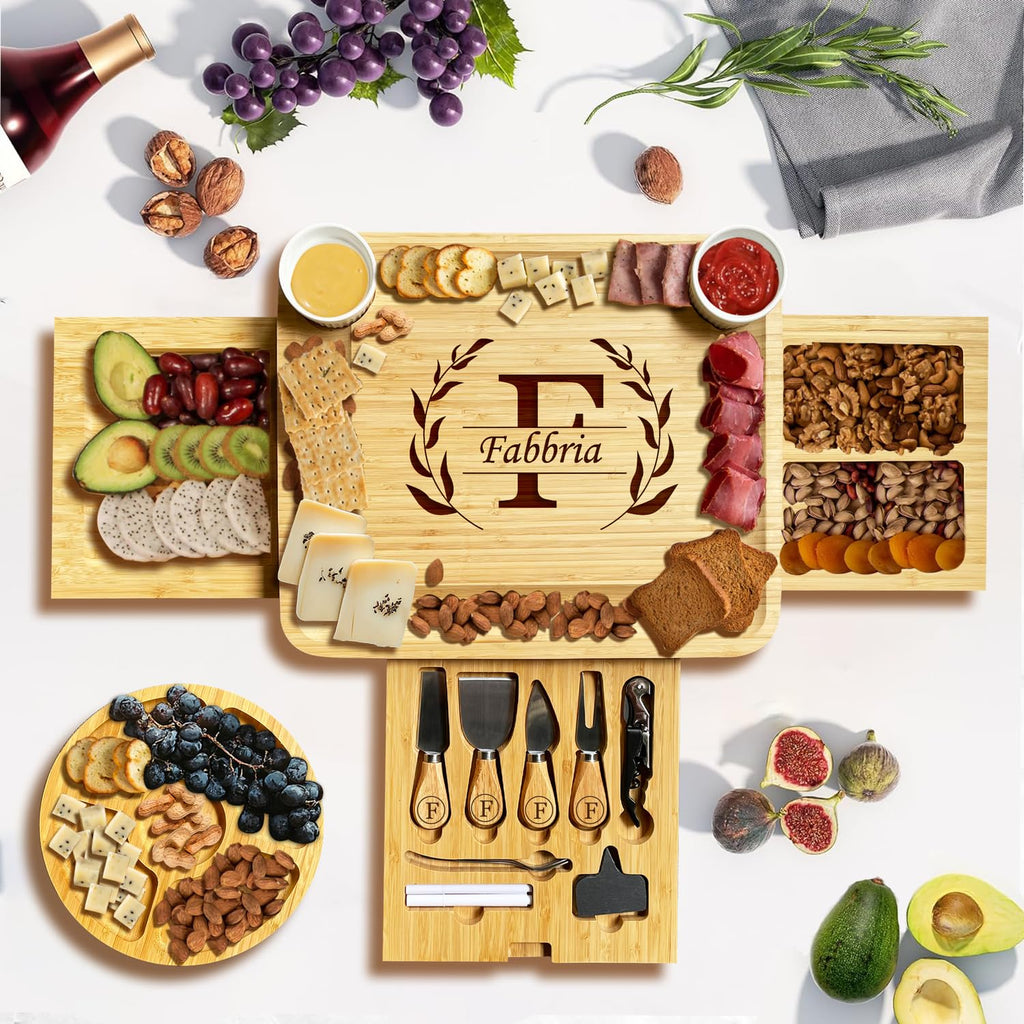 Personalized 3-Drawer Bamboo Charcuterie Board with Tray & Utensils Set