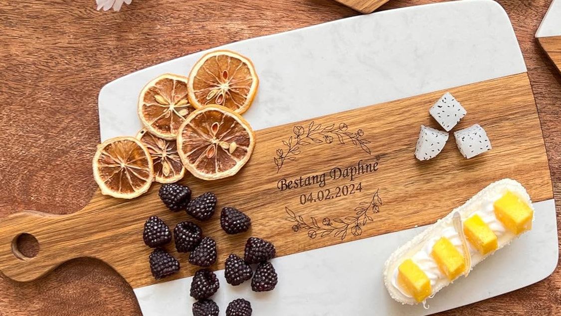 Personalized Marble and Wood Cutting Board with 4 Coasters Set