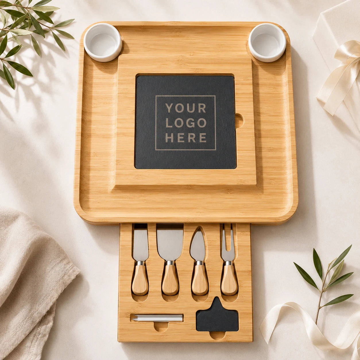 Custom Bamboo Cheese Board Set with Logo
