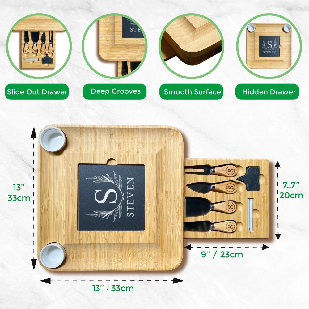 Bamboo_cheese_board_with_slate_insert_open_drawer_and_dimensions