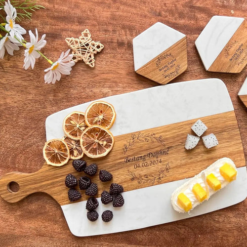Custom Couple's Marble & Wood Serving Set — Perfect Anniversary Gift