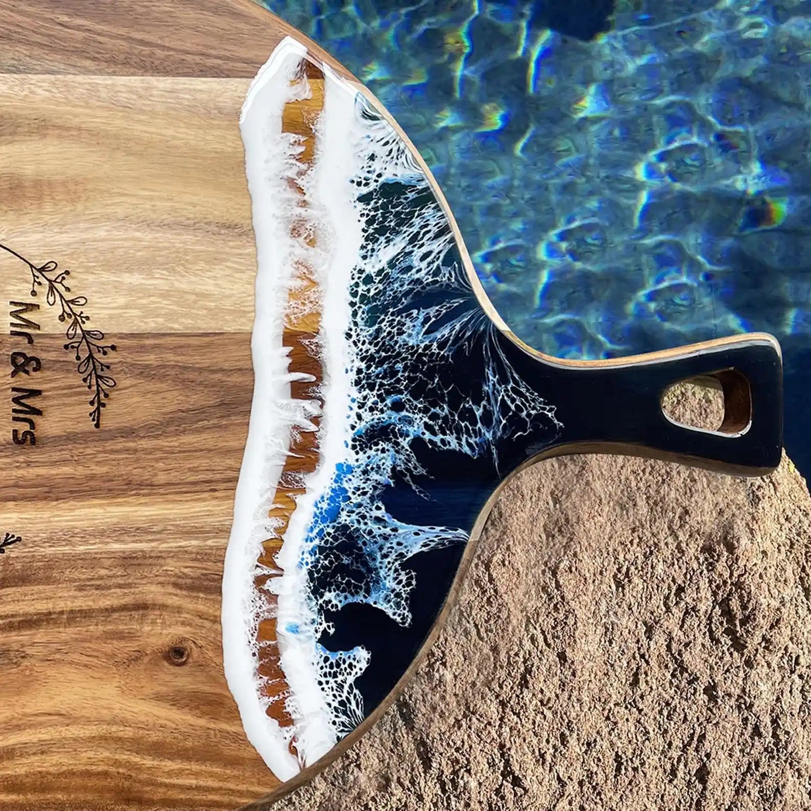 Personalized Mr & Mrs Charcuterie Board with Ocean Resin