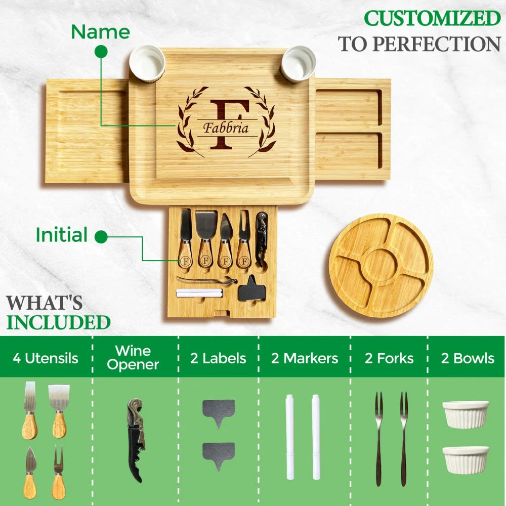 Custom_Bamboo_3-Drawer_Charcuterie_Board_Set_-_Flat_lay_showcasing_the_complete_accessory_set_and_customization_details