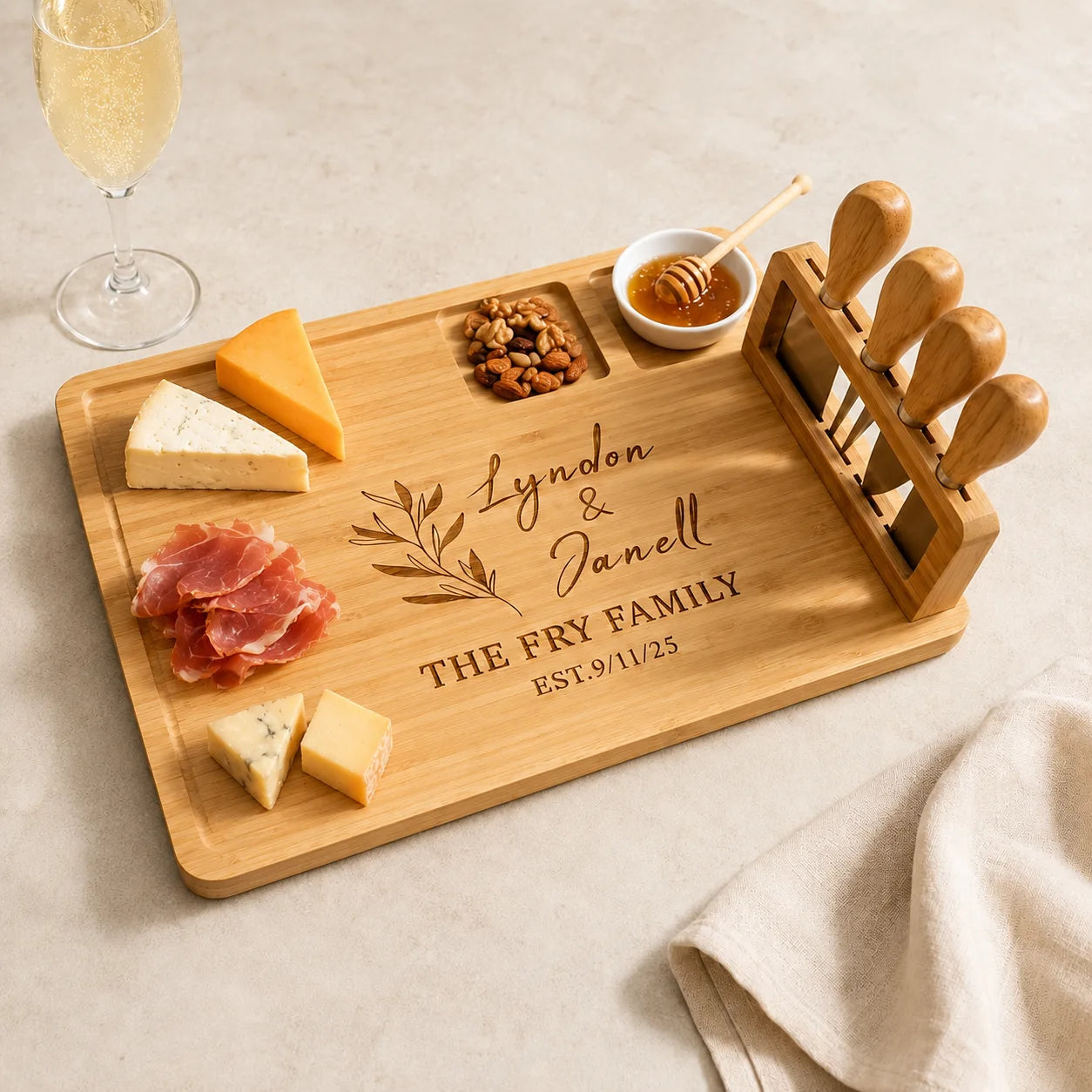 Custom Bamboo Charcuterie Board with Magnetic Knife Storage
