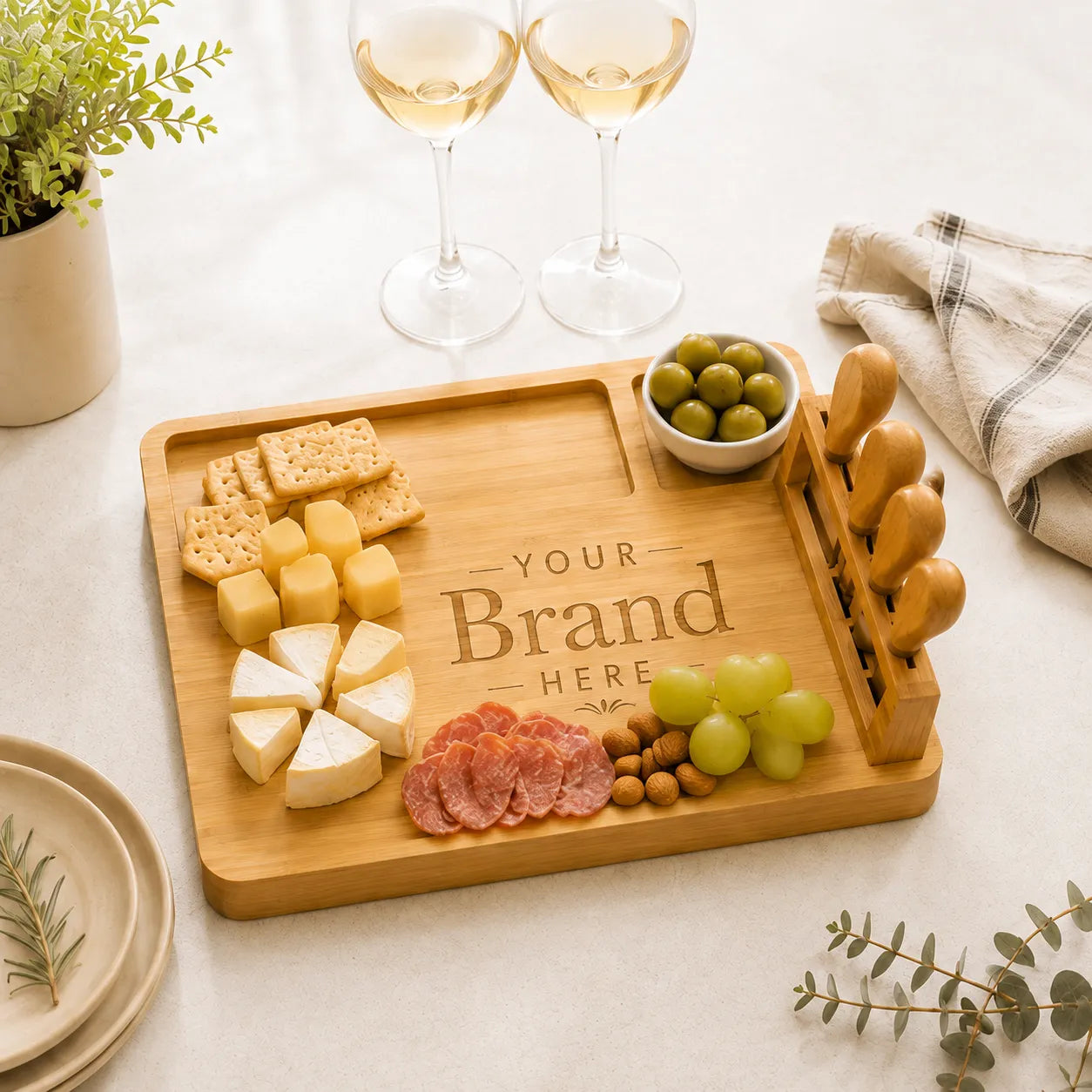 Custom Logo Cheese Board with Magnetic Knife Stand