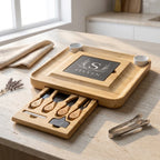 Empty_bamboo_cheese_board_with_open_drawer_and_Steven_engraved_slate