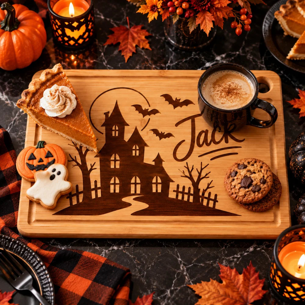 Engraved_Halloween_bamboo_board_with_pie_cookies_and_coffee