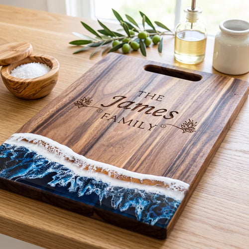 Custom Engraved Family Cutting Board with Resin Waves