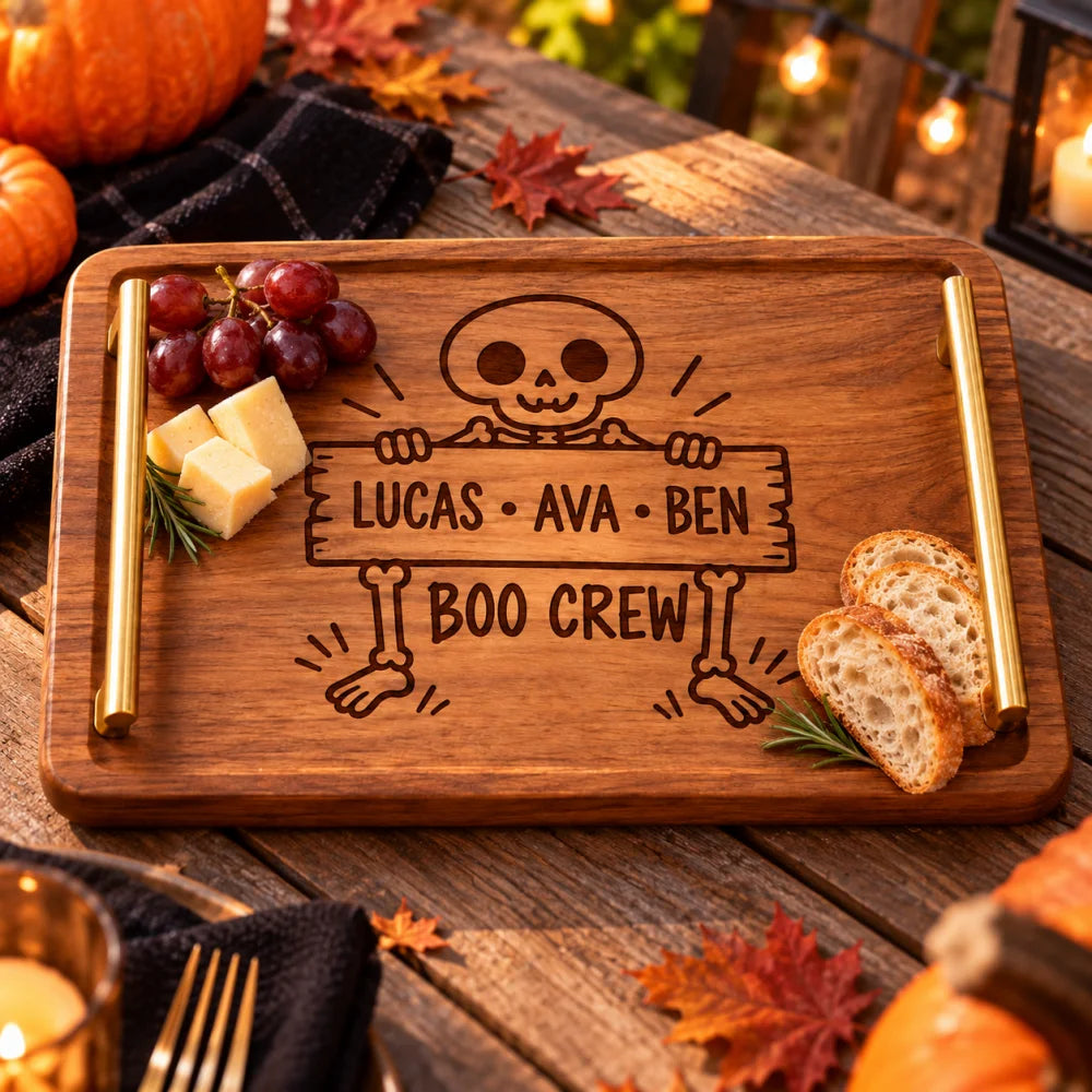 Engraved_boo_crew_wooden_tray_with_cheese_grapes_and_bread