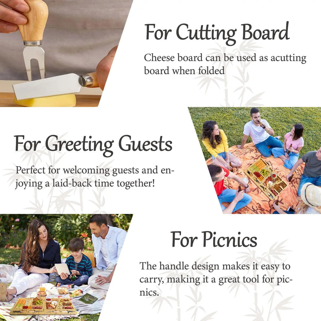 Family name charcuterie board set for cutting serving guests and picnics