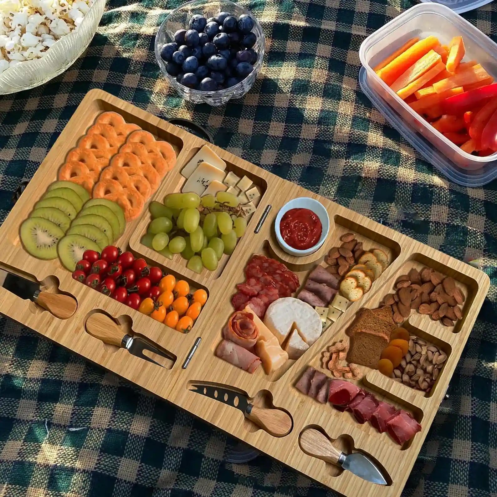 Folding charcuterie board set served with fruit cheese and snacks
