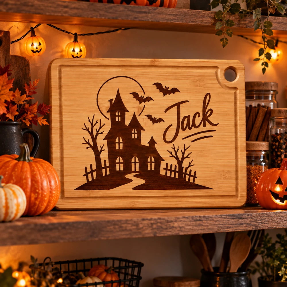 Halloween_engraved_bamboo_board_hanging_on_wall_above_table