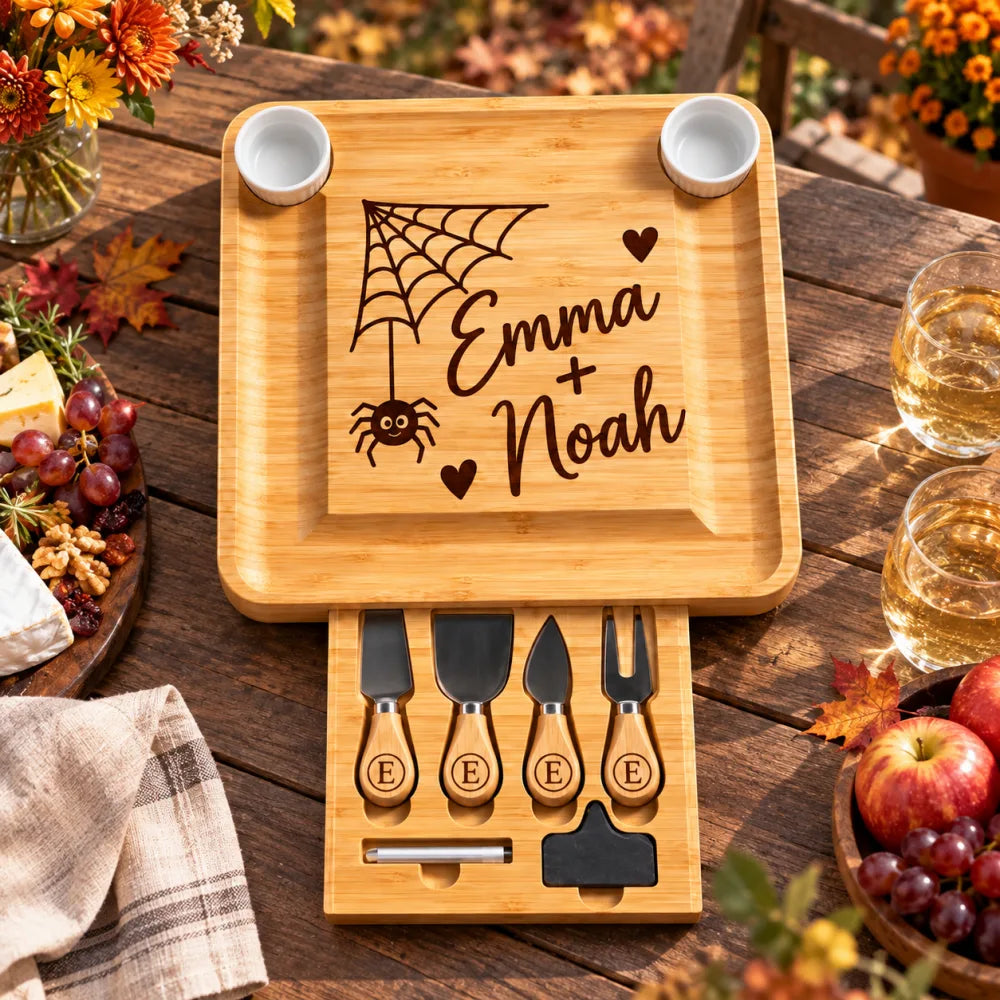 Halloween_engraved_cheese_board_with_open_drawer_on_outdoor_table