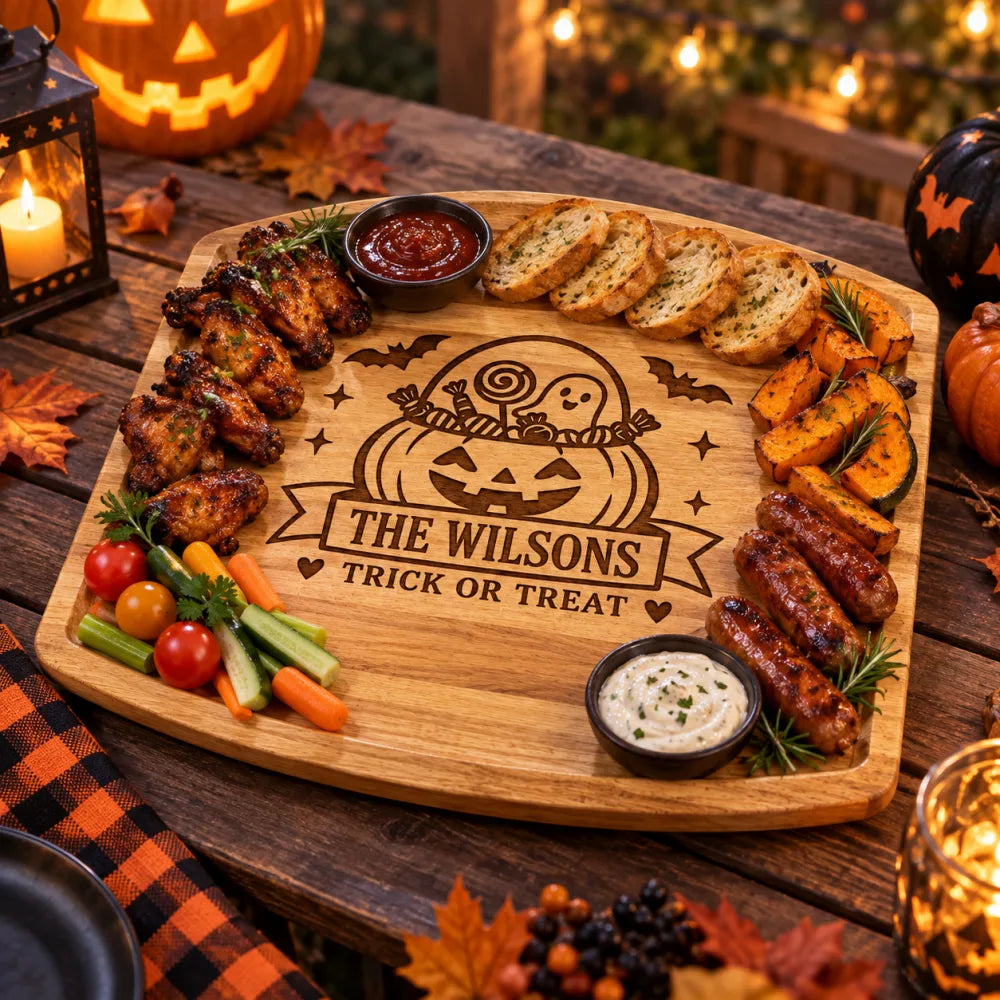 Halloween_engraved_wooden_board_with_grilled_wings_sausages_and_dips