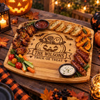 Halloween_engraved_wooden_board_with_grilled_wings_sausages_and_dips