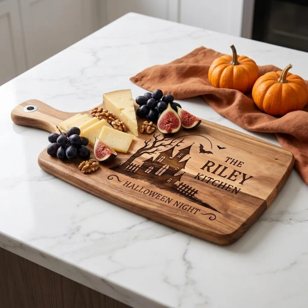 Halloween_haunted_house_engraved_board_with_cheese_and_figs_on_counter