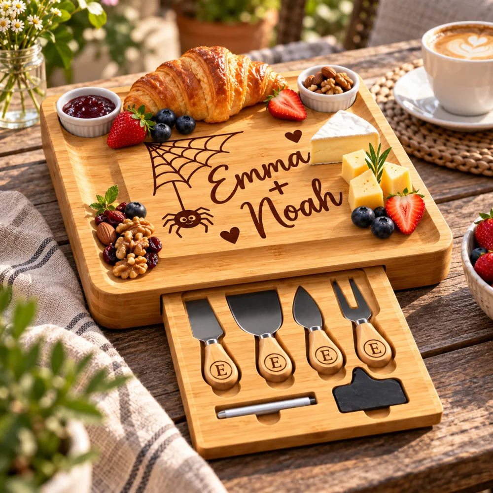 Halloween_spider_engraved_bamboo_board_with_croissant_and_berries