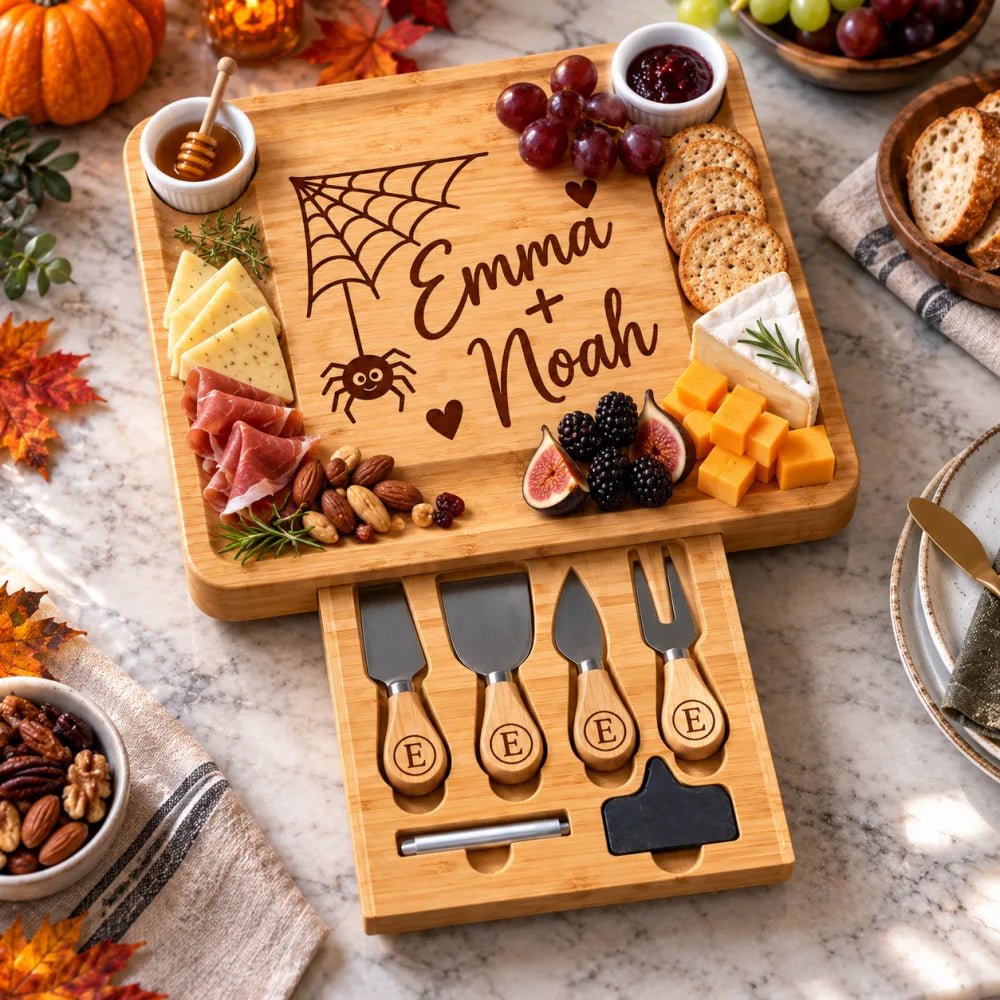 Halloween_spider_engraved_bamboo_cheese_board_with_open_drawer