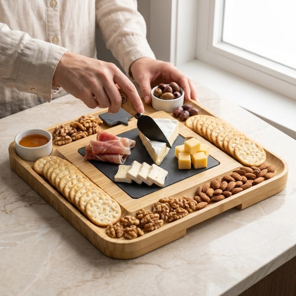 Hands_cutting_brie_cheese_on_slate_insert_of_bamboo_board