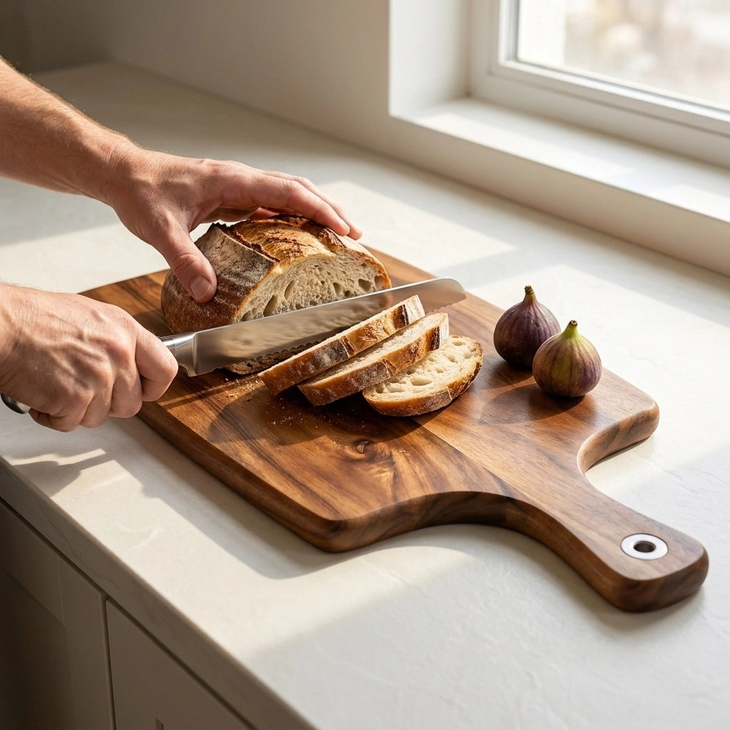 Hands_slicing_baguette_on_blank_wooden_paddle_board
