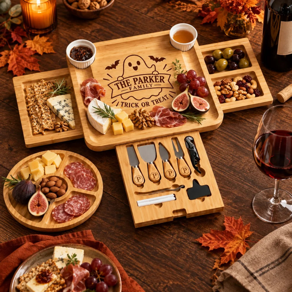 Loaded_Halloween_ghost_expandable_cheese_board_on_dark_wood_table