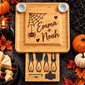 Loaded_Halloween_spider_engraved_charcuterie_board_with_open_drawer
