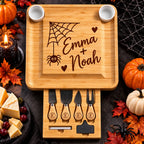 Loaded_Halloween_spider_engraved_charcuterie_board_with_open_drawer