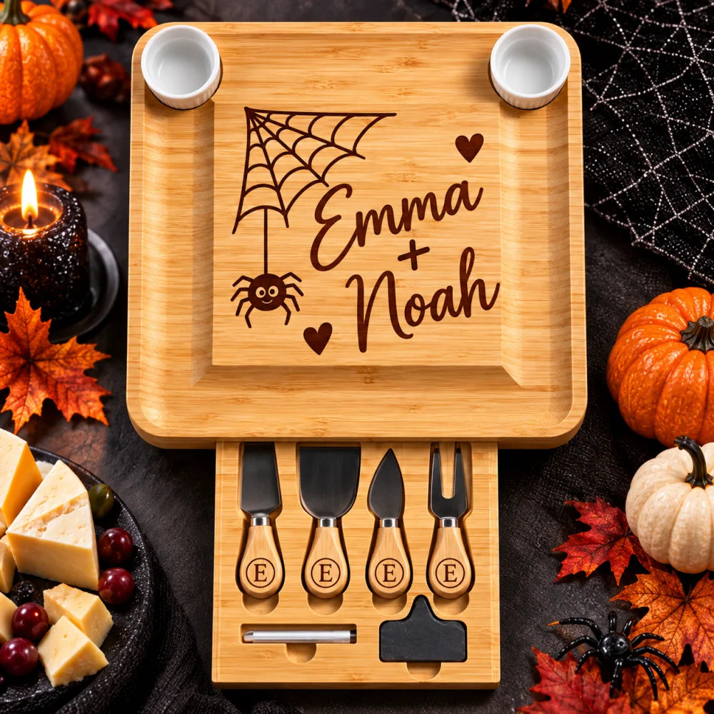 Loaded_Halloween_spider_engraved_charcuterie_board_with_open_drawer