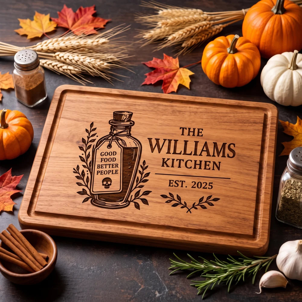 Overhead_view_of_Williams_Kitchen_potion_engraved_board_with_autumn_decor