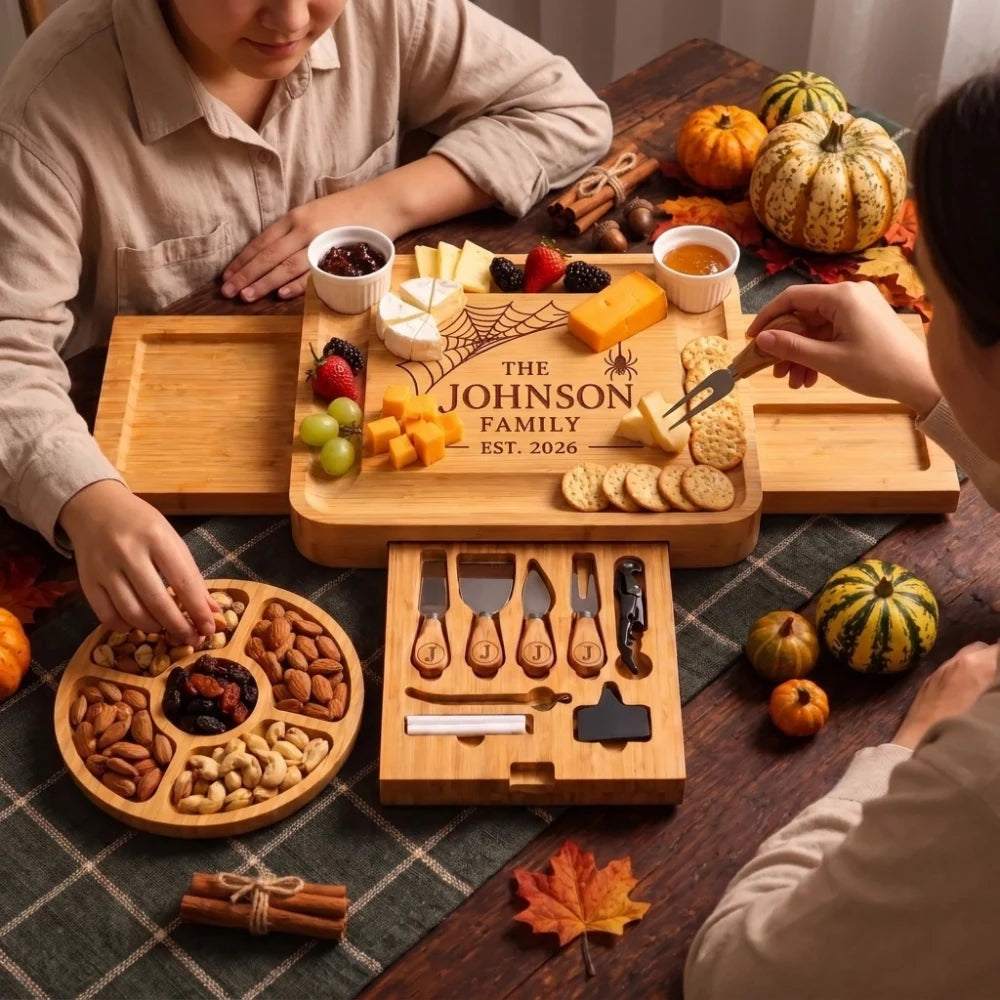 People_eating_from_Halloween_spiderweb_engraved_board_with_pumpkins