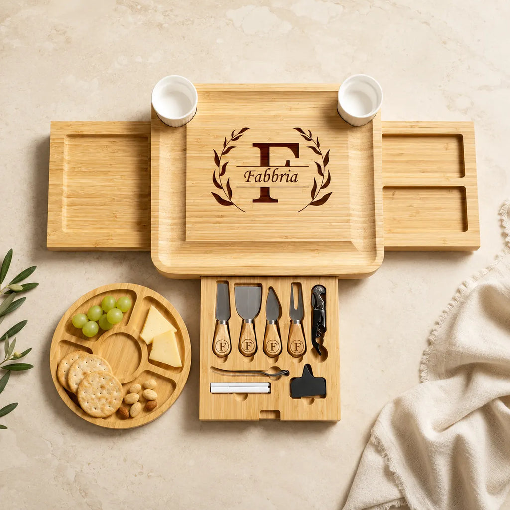 Personalized 3-Drawer Bamboo Charcuterie Board with Tray & Utensils Set