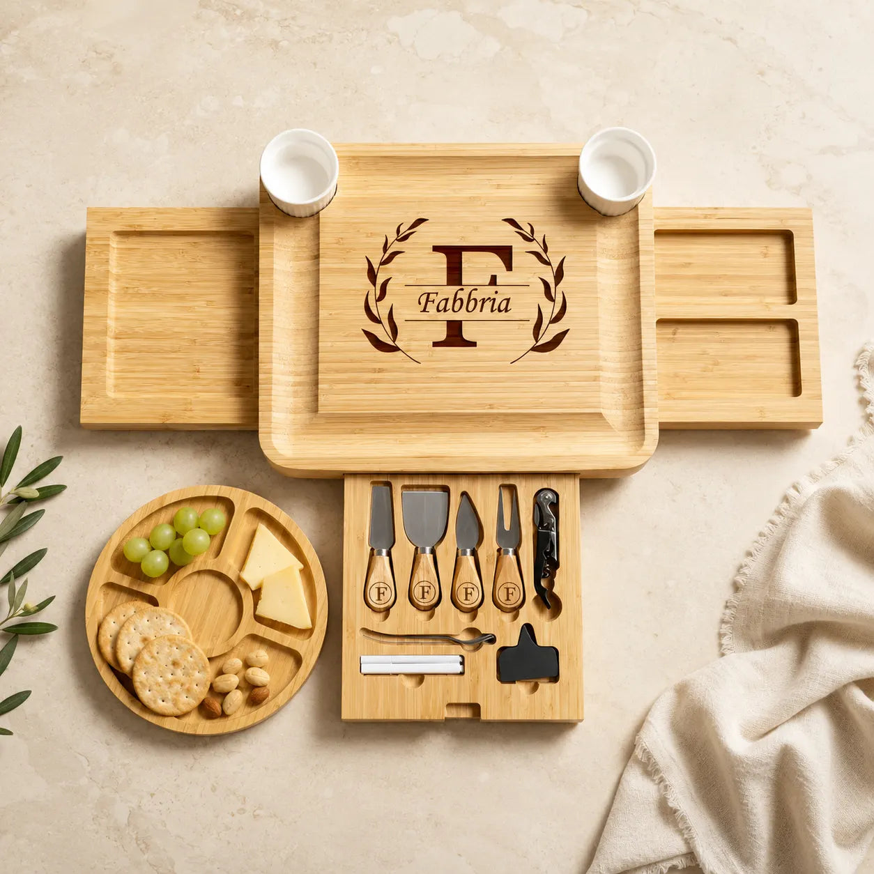 Personalized 3-Drawer Bamboo Charcuterie Board with Tray & Utensils Set