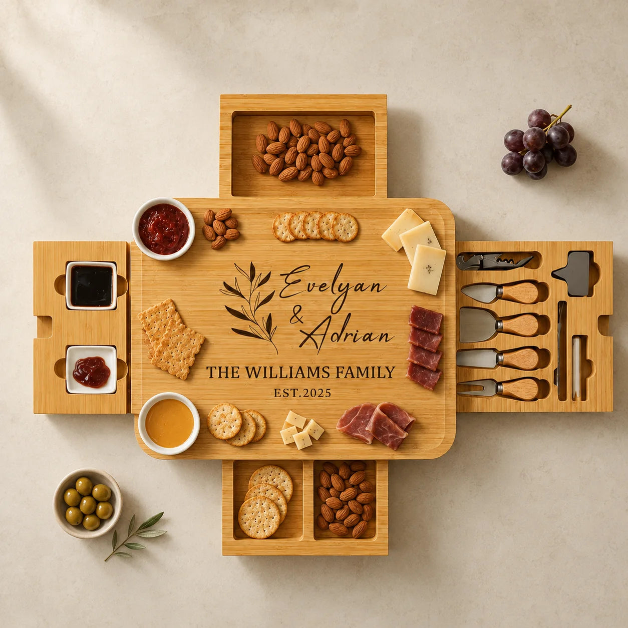 Personalized 4-Drawer Bamboo Cheese Board - Mother’s Day Kitchen Gift