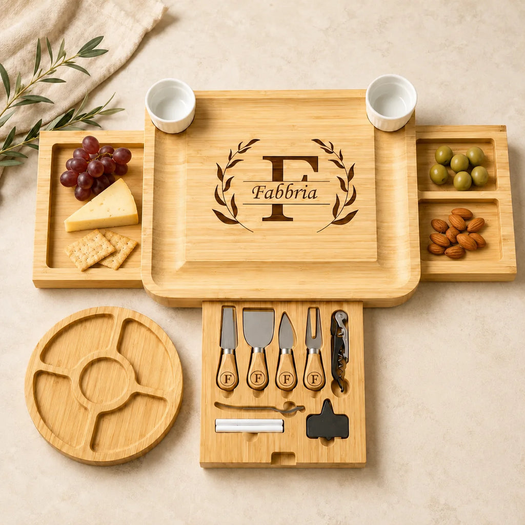 Personalized Bamboo Charcuterie Board with 3 Drawers & Tray