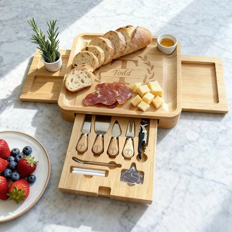 Personalized Bamboo Charcuterie Board with 3 Drawers & Tray