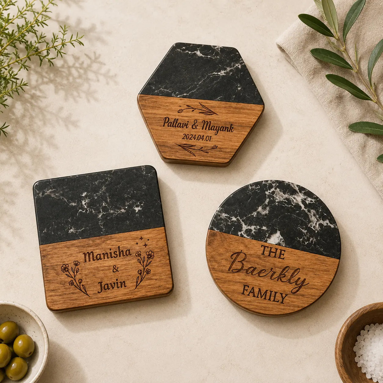 Personalized Black Marble & Wood Coaster