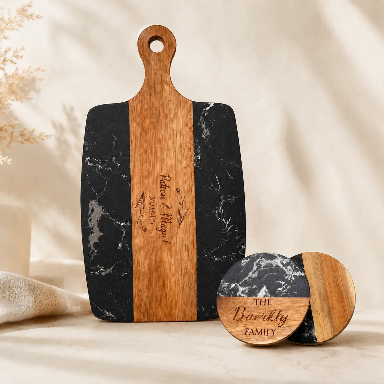 Personalized Black Marble and Wood Charcuterie Board Set