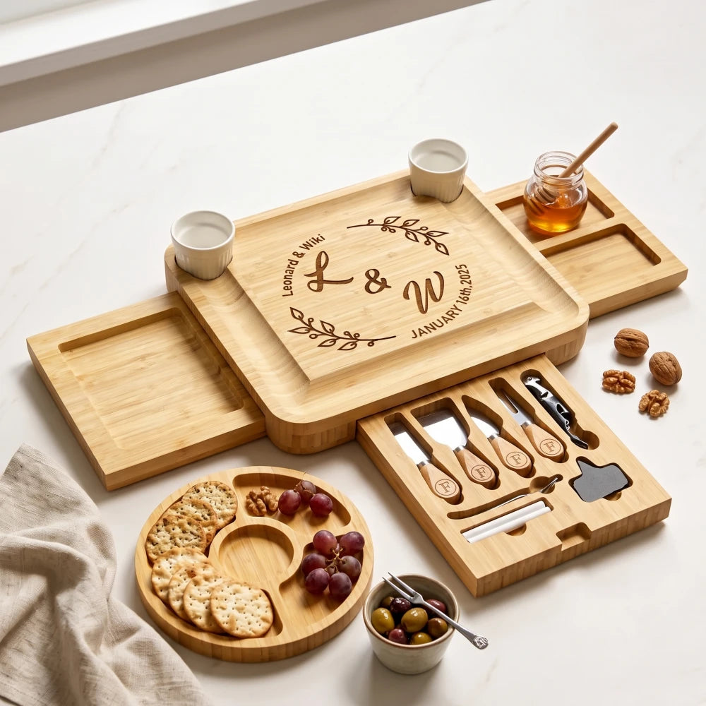 Personalized_Expandable_Bamboo_Serving_Set_-_Showing_the_laser-engraved_design_and_open_cutlery_drawer