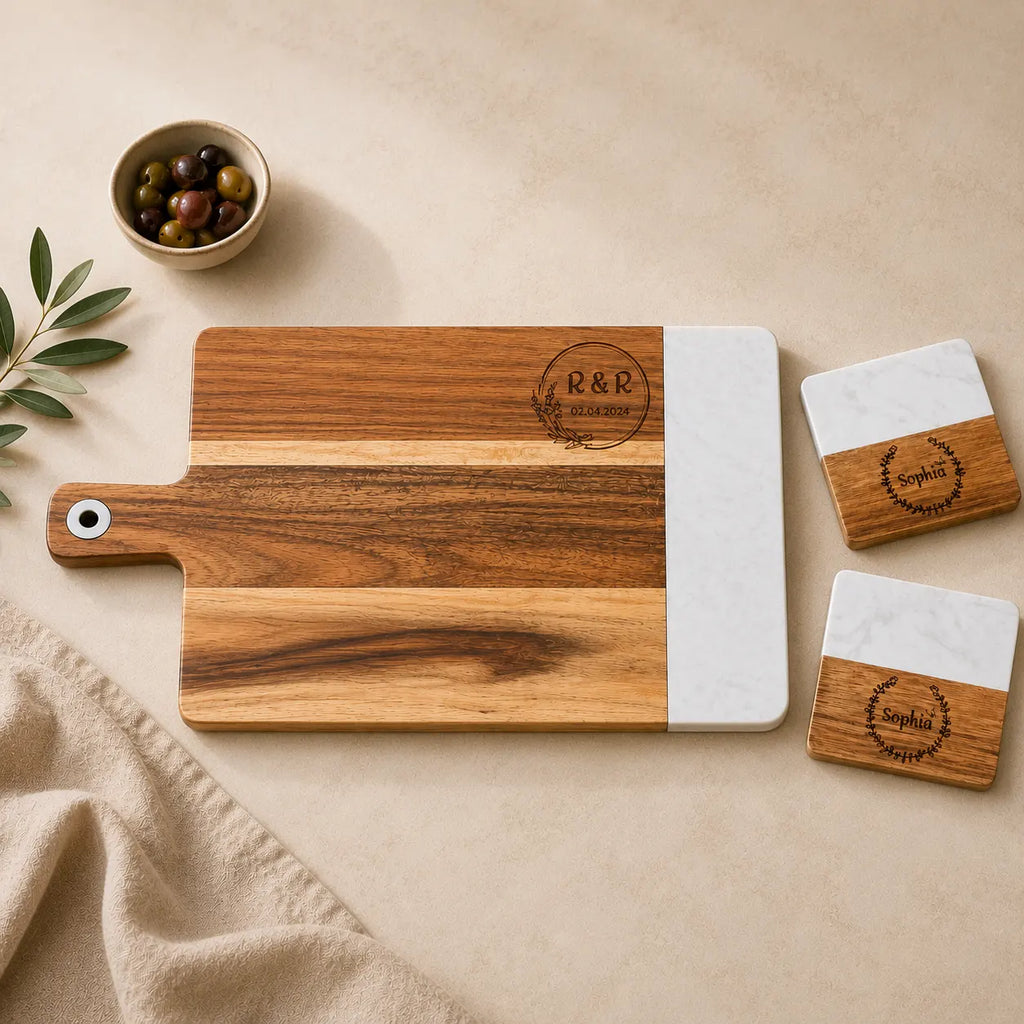 Personalized Marble & Acacia Charcuterie Board Gift Set with Engraved Coasters