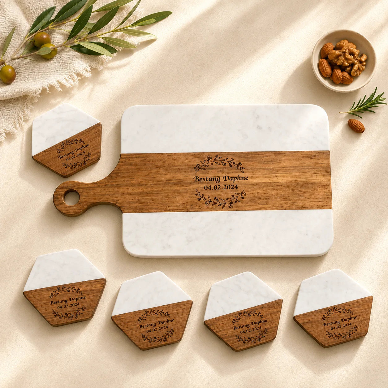 Personalized Marble & Wood Cheese Board with 4 Coasters - Wedding Gift