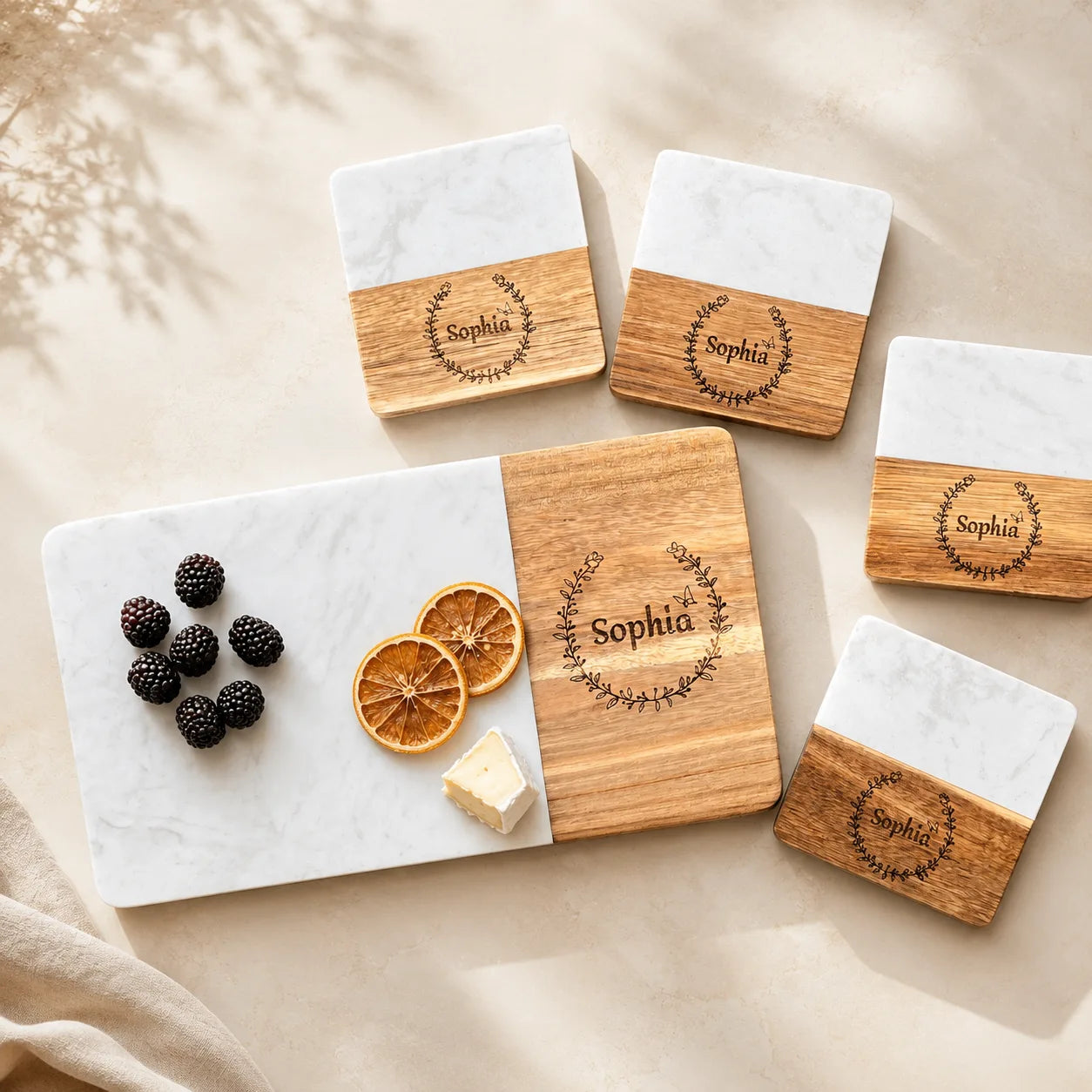 Personalized Marble and Wood Charcuterie Board with Matching Coasters Set