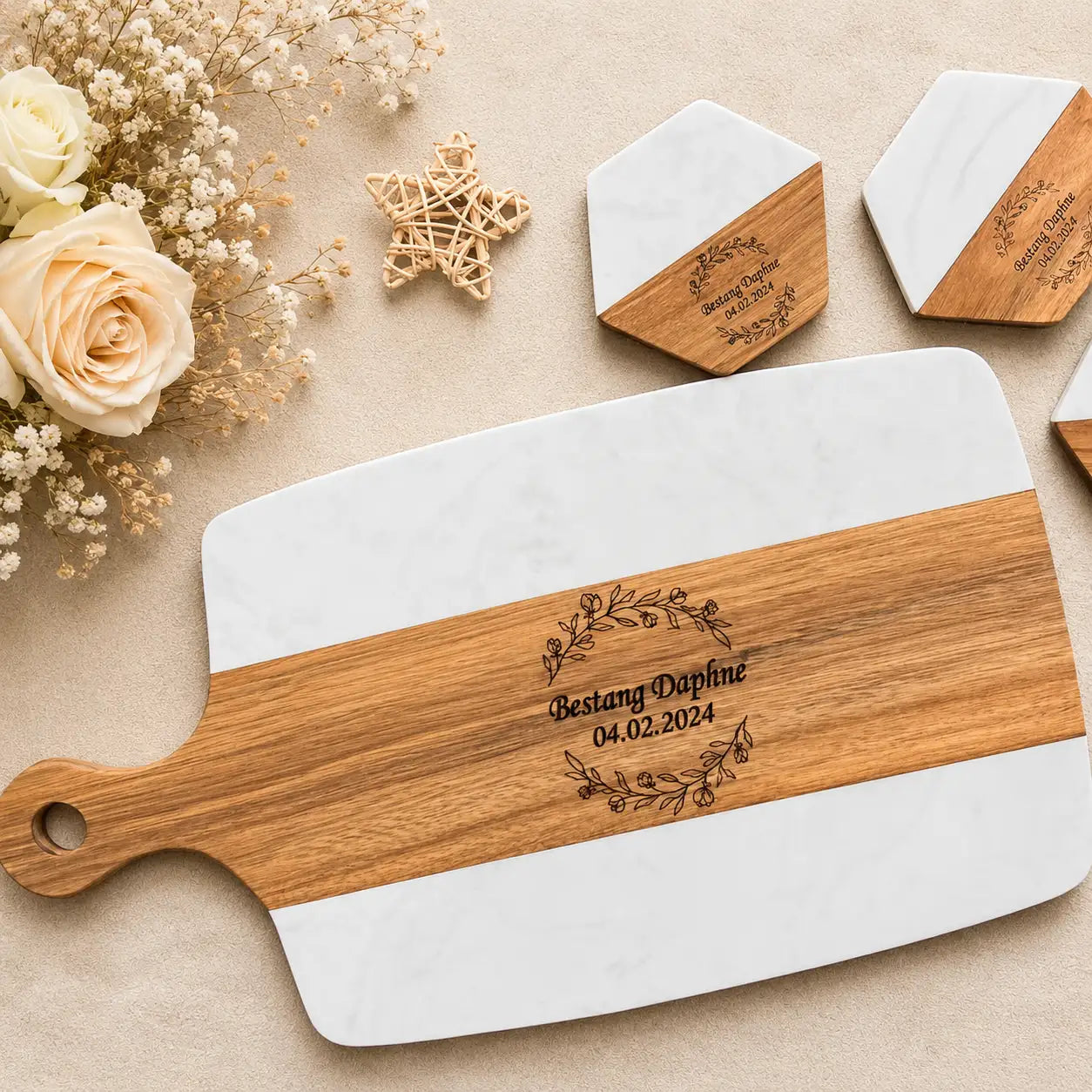 Personalized Marble and Wood Cutting Board with 4 Coasters Set
