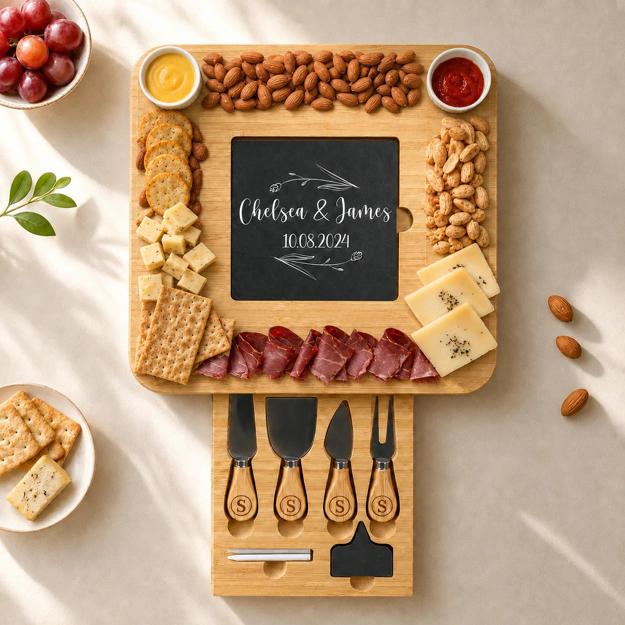Custom Engraved Bamboo Cheese Board with Drawer & Knife Set