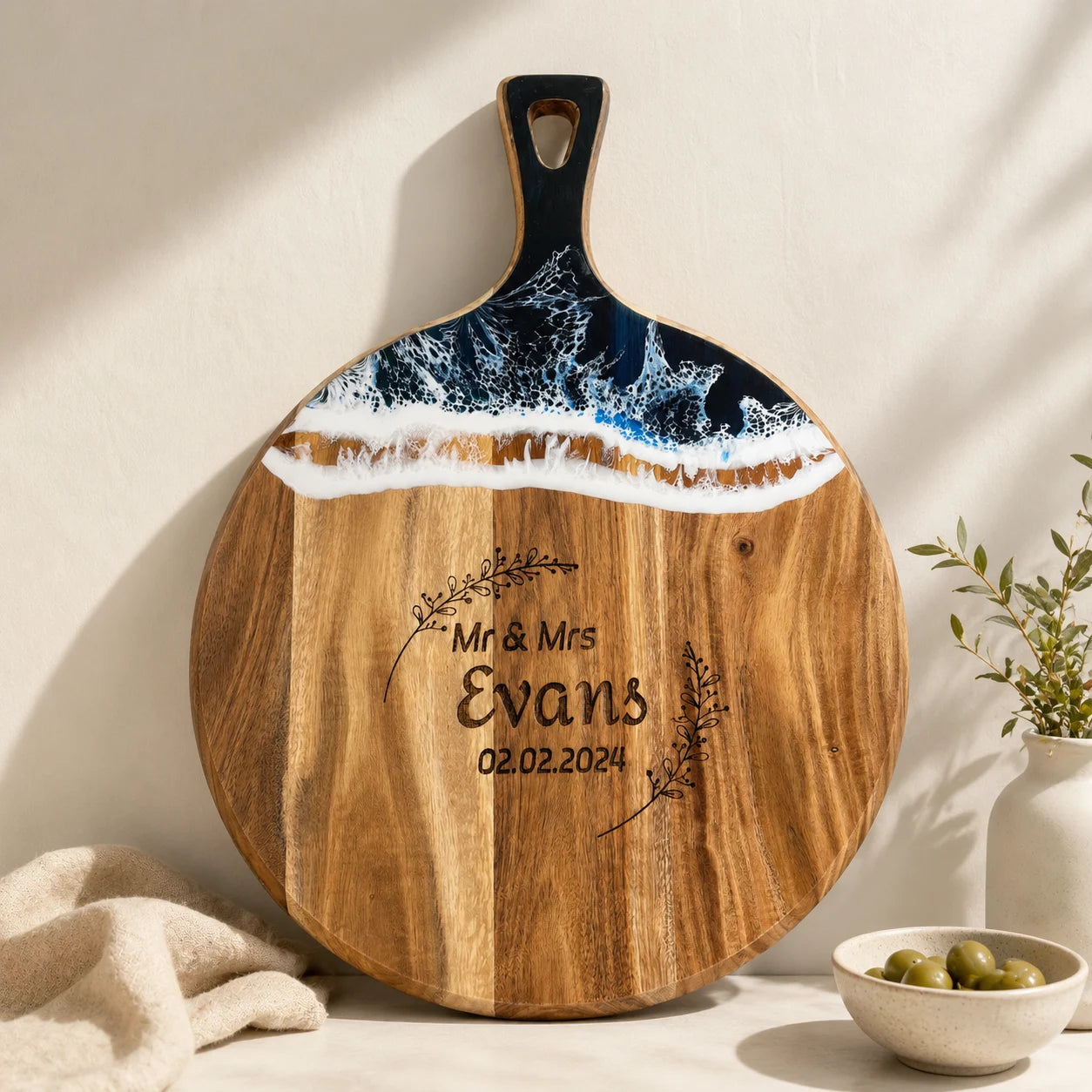 Personalized Mr & Mrs Charcuterie Board with Ocean Resin