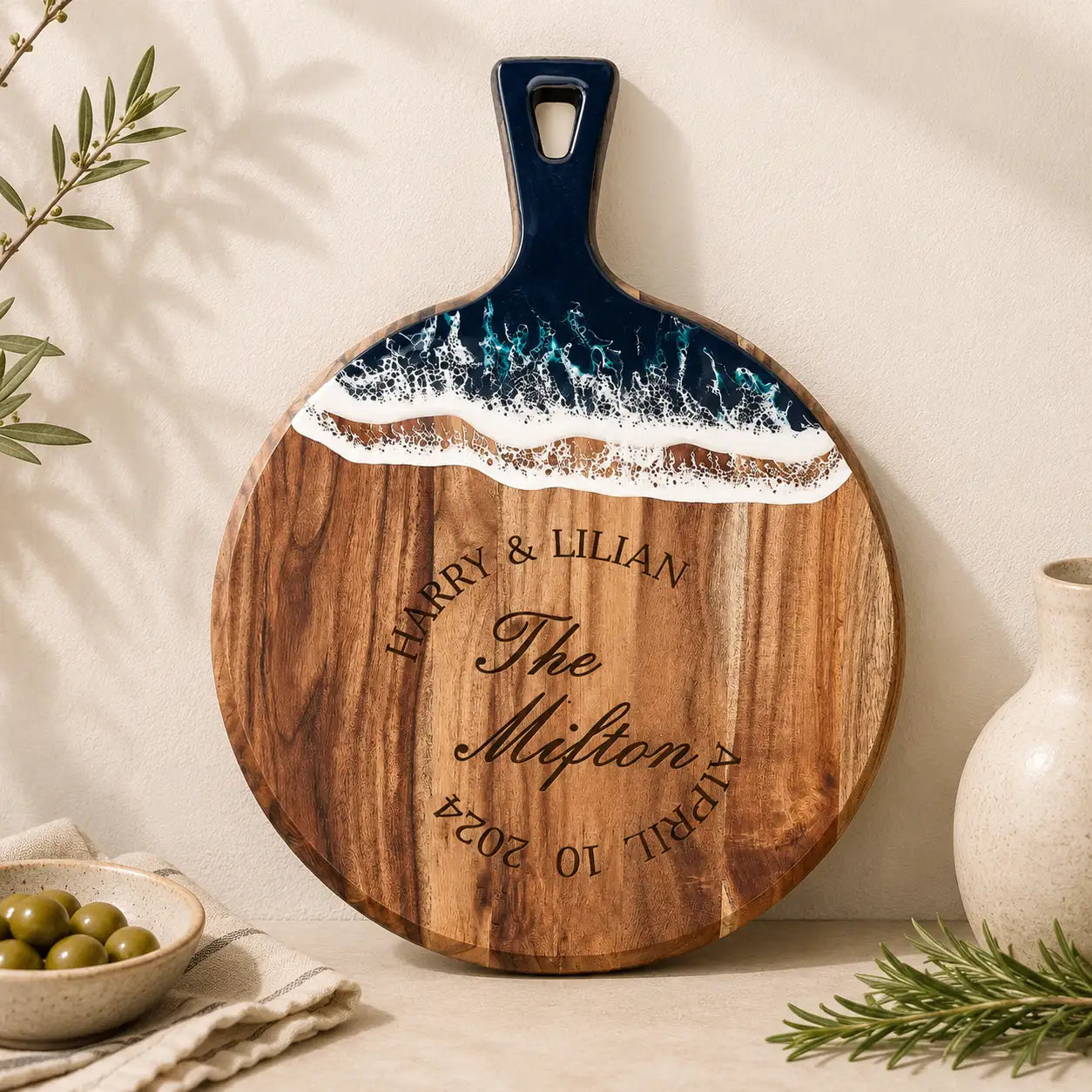 Personalized Wedding Charcuterie Board with Ocean Resin