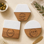 Personalized White Marble & Wood Coaster