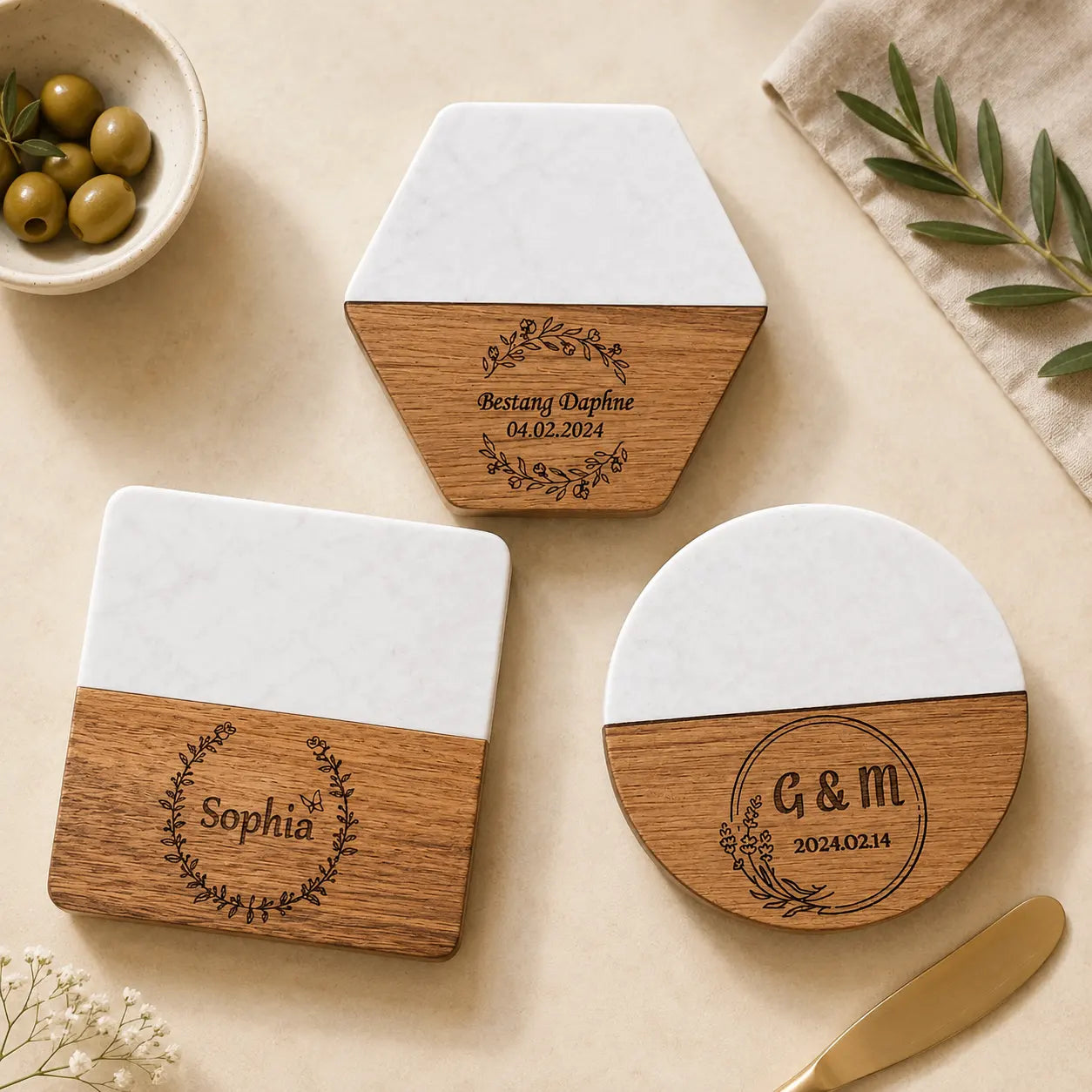 Personalized White Marble & Wood Coaster
